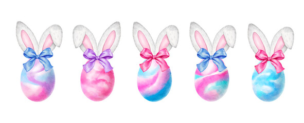 Watercolor Easter eggs and bunny ears. Easter bunny head  Isolated elements. Watercolor Easter rabbit.