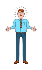 Confused man shrugs his shoulders and spreads his arms. Puzzled businessman. Vector image.
