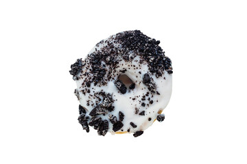 Flatlay of white chocolate frosted donut with crumbled creme filled cookies isolated with clipping path included.