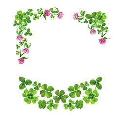 Fototapeta premium Watercolor circle frame with clover leaves. Floral fwreath with shamrock and quote 