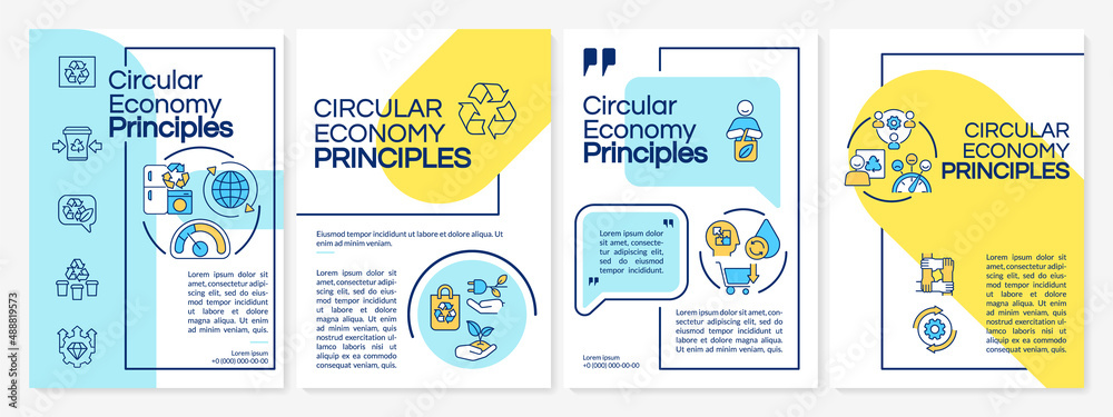 Wall mural Circular economy concepts blue and yellow brochure template. Recycle and reuse. Leaflet design with linear icons. 4 vector layouts for presentation, annual reports. Questrial, Lato-Regular fonts used