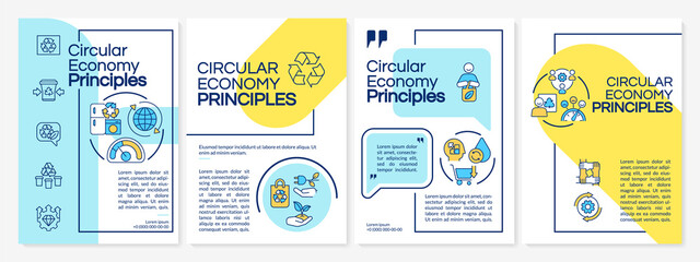 Circular economy concepts blue and yellow brochure template. Recycle and reuse. Leaflet design with linear icons. 4 vector layouts for presentation, annual reports. Questrial, Lato-Regular fonts used