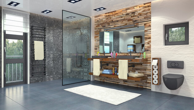 3d Illustation - Modernes Badezimmer - Dusche - WC - zwei Waschbecken - Spiegel