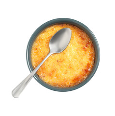 Delicious creme brulee and spoon in ceramic ramekin isolated on white, top view