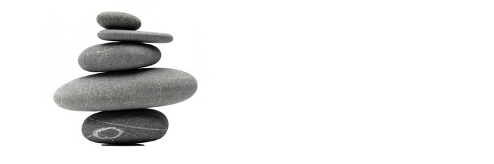 Pyramid of the balanced grey stones isolated on white background with copy space. Banner.