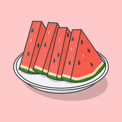 Pieces Of Watermelon On A Plate Cartoon Vector Illustration. Fresh Watermelon Flat Icon Outline