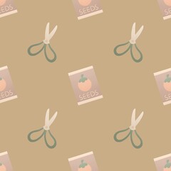 cute garden spring pattern for kids - green scissors and seeds on brown background