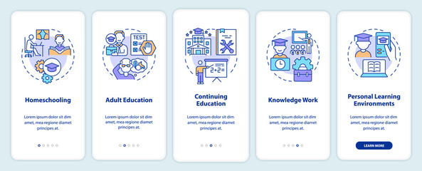 Lifelong learning contexts onboarding mobile app screen. Walkthrough 5 steps graphic instructions pages with linear concepts. UI, UX, GUI template. Myriad Pro-Bold, Regular fonts used