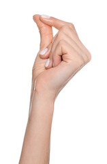 Woman snapping fingers on white background, closeup of hand