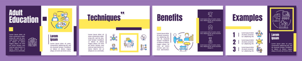 Obraz na płótnie Canvas Adult education yellow and purple brochure template. Lifelong learning. Leaflet design with linear icons. 4 vector layouts for presentation, annual reports. Anton, Lato-Regular fonts used