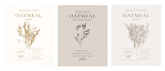 Set of customizable oatmeal labels of Natural healthy food. Cereal oat products packaging templates. Contemporary design for Cosmetics, Pharmacy, bakery