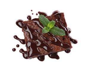 Delicious chocolate brownie with sweet syrup and fresh mint on white background, top view