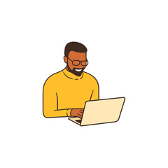 Sitting and smiling black man typing and looking at laptop vector character illustration.