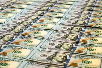 Cash money banknotes close up. US dollars wallpaper. American one hundred dollars. USD paper cash....