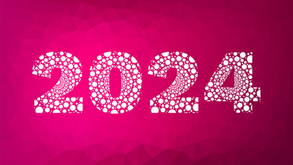 2024 circles sign. Magenta gradient low poly pattern. Polygonal vector background for New Year, web page, infographics, business, presentation, celebration, greeting