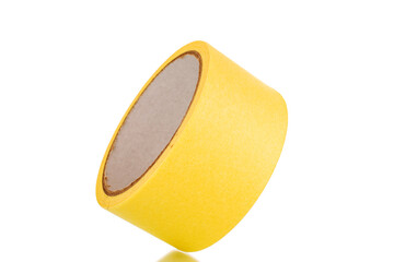 One painter's tape, yellow, macro, insulated on a white background.