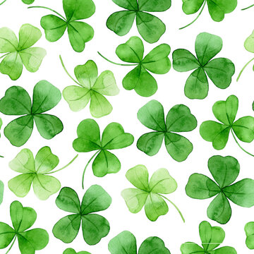 watercolor seamless pattern on the theme of st. patrick's day. green four-leaf clover leaves on a white background. holiday print