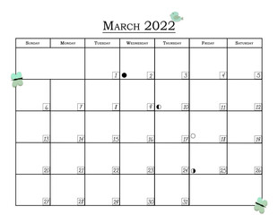 March 2022 Calendar layout with a spring butterfly and bird. 