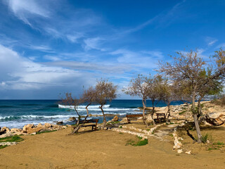 Fototapeta na wymiar Rocky coast sea view, natural colors 