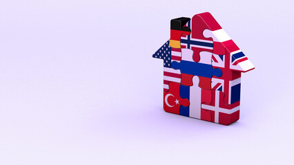 Fototapeta na wymiar A house made of colored puzzles on a light background. Flags of the countries of the world. Friendship and unification of peoples. 3D rendering. The missing element of the composite figure.