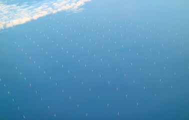 Aerial view of the offshore wind farm of The United Kingdom seen from plane during flight