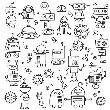 vector drawing in doodle style. set of cute robots. children's line drawing. funny robots