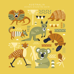 Set of cute animals and plants of Australia. Decorative handmade poster for print. Isolated icons in scandinavian style. Vector illustration.
