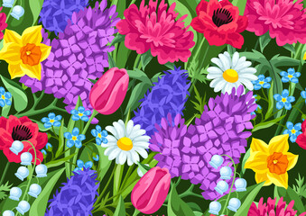 Seamless pattern with spring flowers. Beautiful decorative bouquet of blooming plants.
