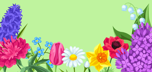 Background with spring flowers. Beautiful decorative bouquet of blooming plants.