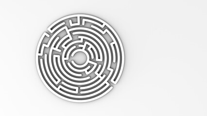 Round maze on a light background. Finding the right path. 3D rendering. Free space. Illustration.