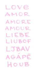 Handwritten love word set. Marker lettering. Love in different languages. Vector illustration, flat design