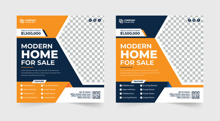 Real estate home sale social media post. Modern home for sale banner. Real estate business promotion template. Housing buy and sell social media banner. Housing business template.