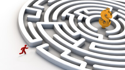 Round maze with a dollar sign on a light background. A running man. Finding the right path. 3D rendering. Illustration.