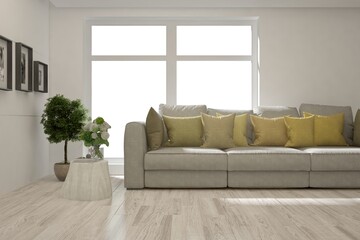 White living room with sofa. Scandinavian interior design. 3D illustration