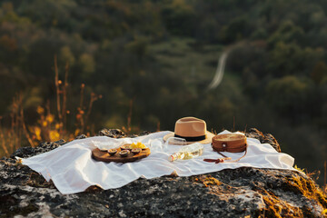 Picnic in the mountains with forest on background. Glass of swiss or savoy dry white wine, brie...