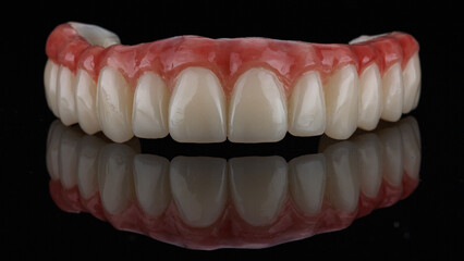 excellent dental prosthesis with the gums of the upper jaw on black glass with reflection © Dental Pro Content