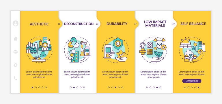 Sustainable city design yellow onboarding template. Urban planning innovations. Responsive mobile website with linear concept icons. Web page walkthrough 5 step screens. Lato-Bold, Regular fonts used