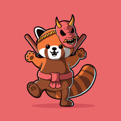 Cute red panda as a Samurai vector illustration. Animal, funny, mascot design concept.