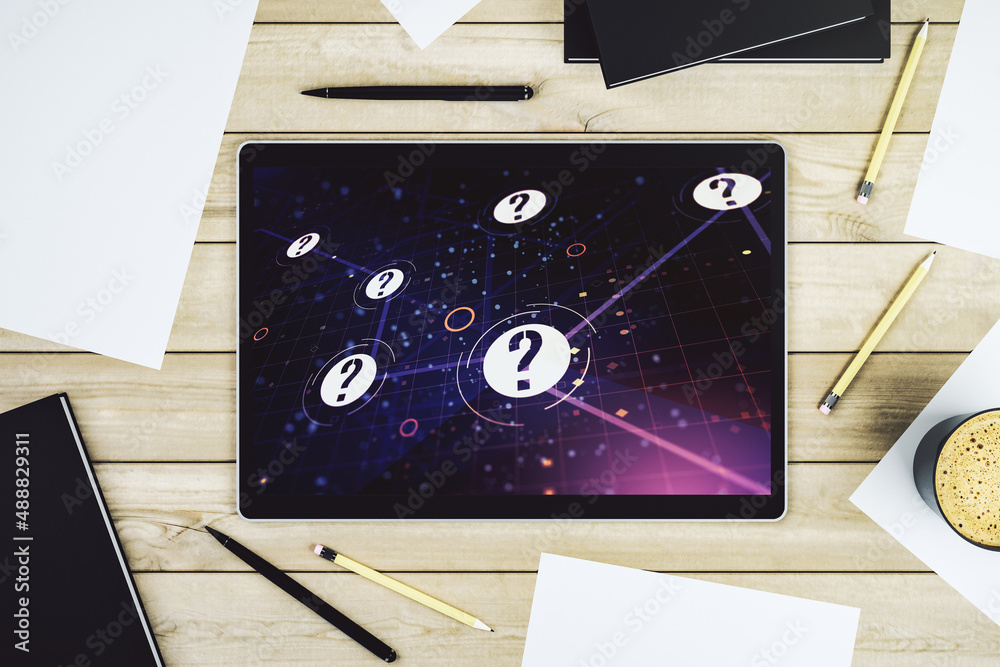 Aufkleber creative abstract question mark hologram on modern digital tablet display, future technology concept