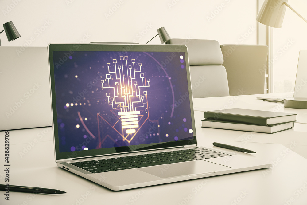 Aufkleber Creative light bulb with chip hologram on modern laptop monitor, artificial Intelligence and neural networks concept. 3D Rendering