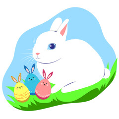 Happy Easter bunny with easter eggs rabbits on grass. Vector illustration