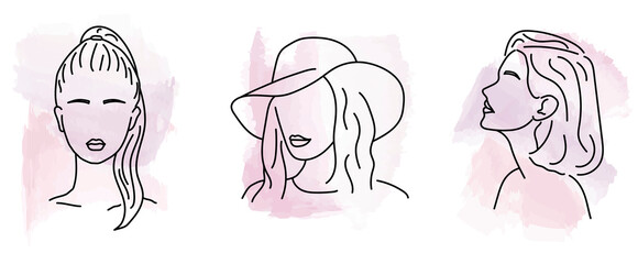 Collection of minimalistic portraits (sketch) of women with pink shades of watercolor on a white background