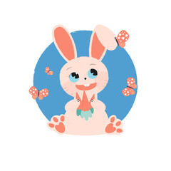 Pencil drawing of a bunny with a carrot and butterflies in a blue circle. Spring Easter drawing.