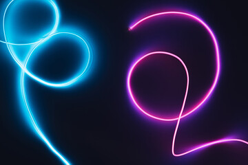 Neon blue and pink led lines on a dark night background. Cyuberpunk futuristic backdrop.