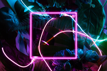 Neon square frame on a dark floral jungle background. Artificial reality conceptual template.