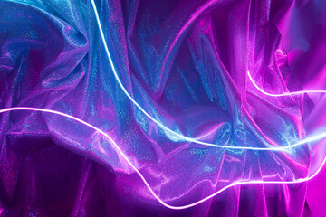 Pink and blue neon lights with glitter fabric background. Cyberpunk futuristic template.