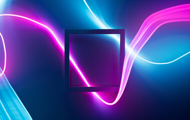 Neon blue and pink led lines with square frame in the middle. Abstract futuristic background.