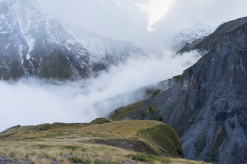 Breathtaking panorama of morning wild nature high in mountains