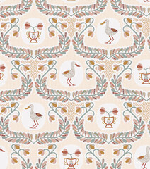 Nursery retro background, storks and flowers seamless pattern for kids - 488830917