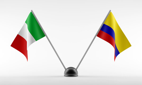 Stand with two national flags. Flags of Colombia and Italy. Isolated on a white background. 3d rendering